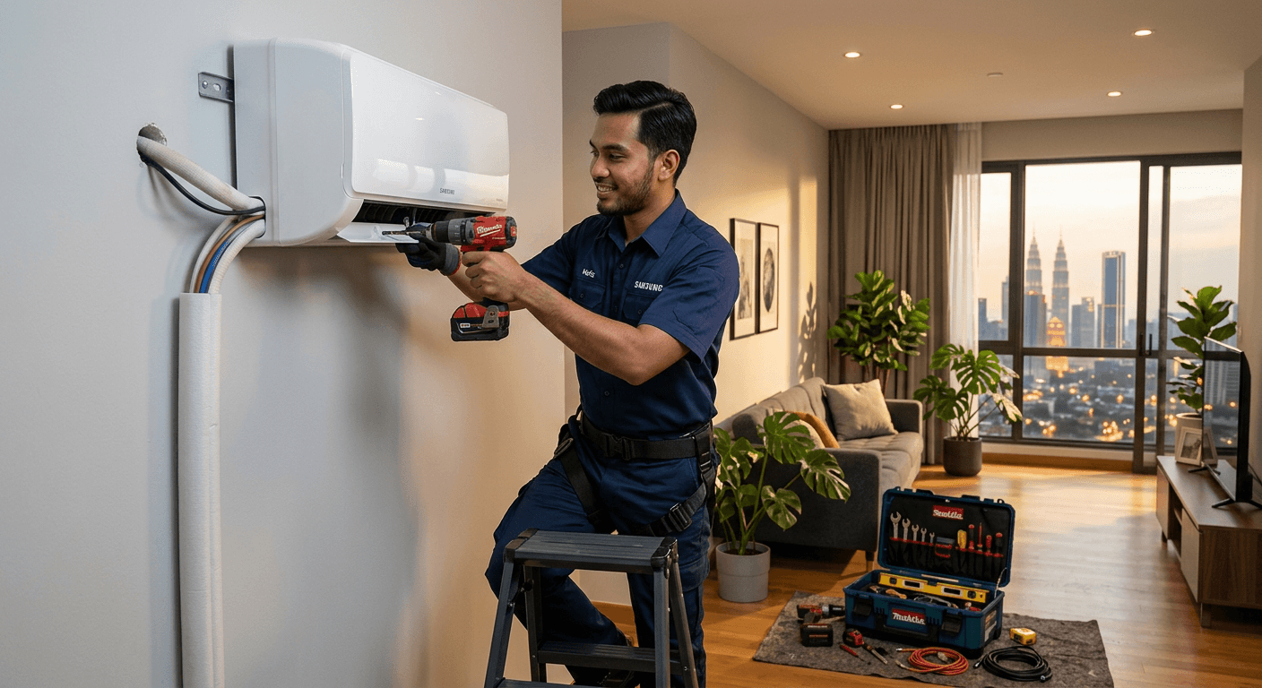 Technician memasang unit aircond